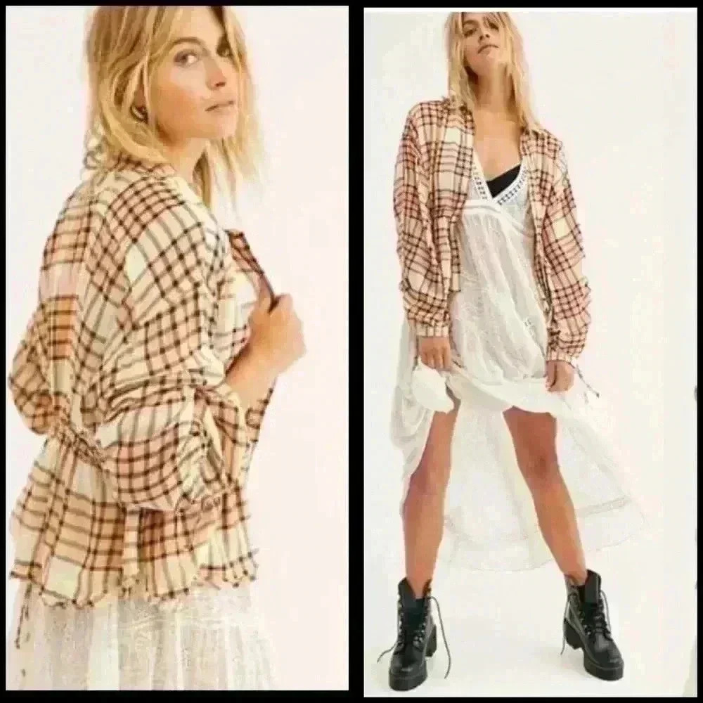 Free People Pacific Dawn Plaid Frayed Hem Western Rodeo Lagenlook Top Size XS